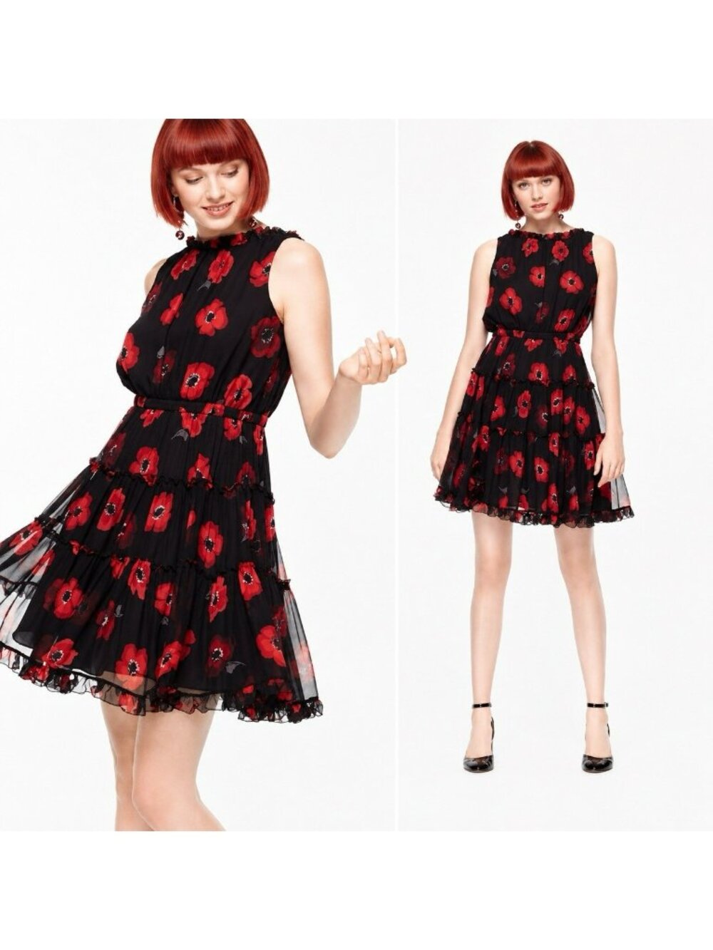 Kate Spade Poppy Chiffon Fit & Flare Mini Dress 6 Ruffles Red Black Silk Floral - Picture 1 of 16